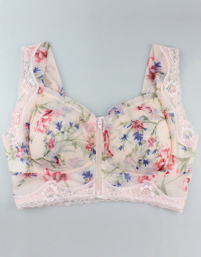 FLORAL PRINT FRONT ZIPPER POST SURGICAL BRA WITH POCKETS-Baby Pink