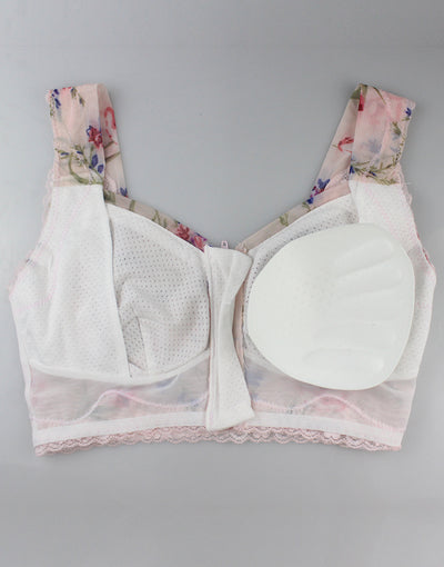 FLORAL PRINT FRONT ZIPPER POST SURGICAL BRA WITH POCKETS-Baby Pink