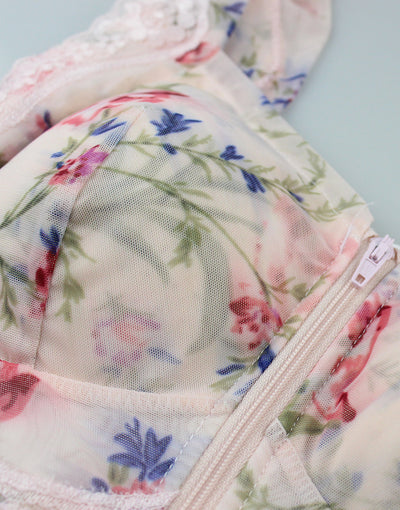 FLORAL PRINT FRONT ZIPPER POST SURGICAL BRA WITH POCKETS-Baby Pink