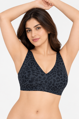 Losha V-Neck Full Coverage Laser Cut Leopard Print Bra -BLACK