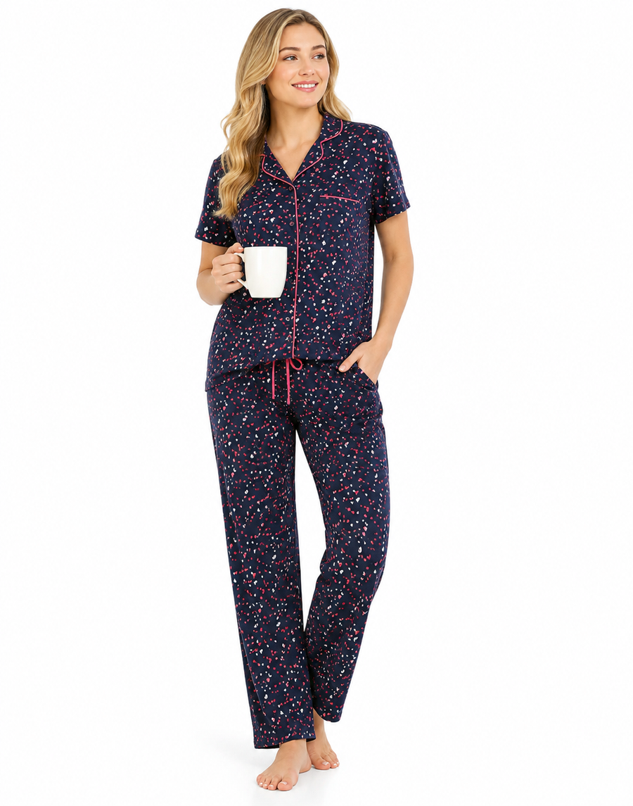 SIESTA COTTON BUTTON DOWN SHIRT & PJ SET- NAVY HEARTS