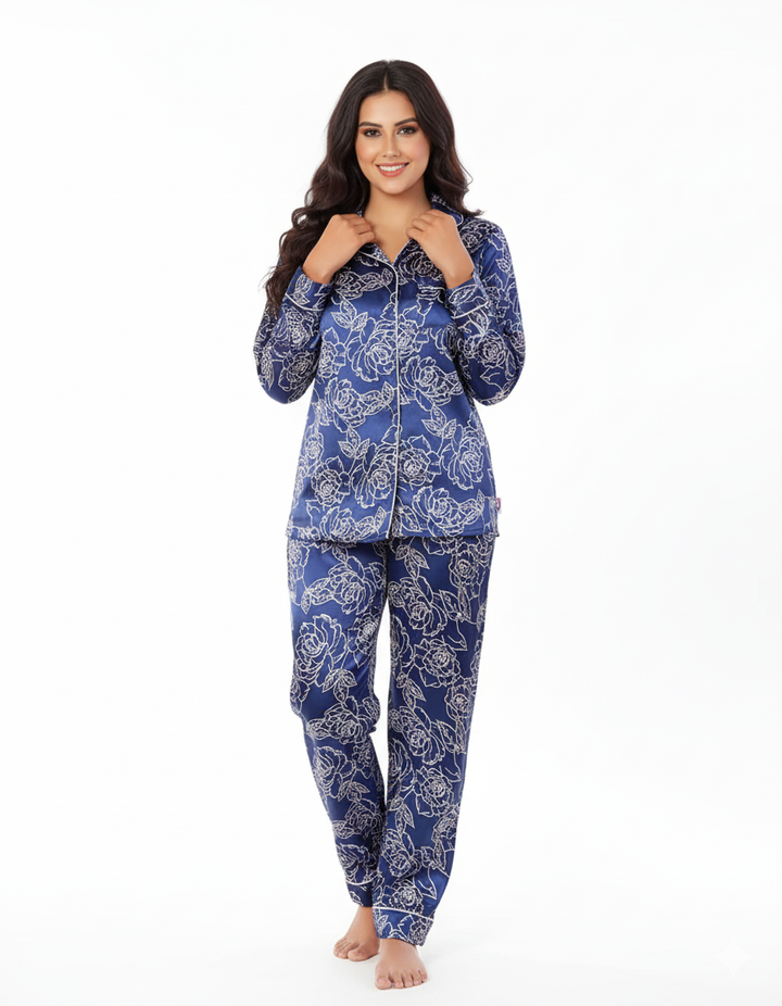 Button down satin silk PJ set-Floral