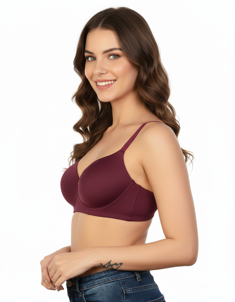 SIDE SMOOTHING BIO WASHED ANTI BACTERIAL COTTON WIRELESS T-SHIRT BRA-MAROON