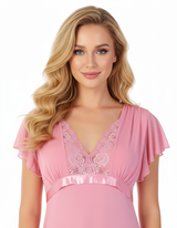 2 PIECE LACY NECK LONG NIGHTY -BABY PINK