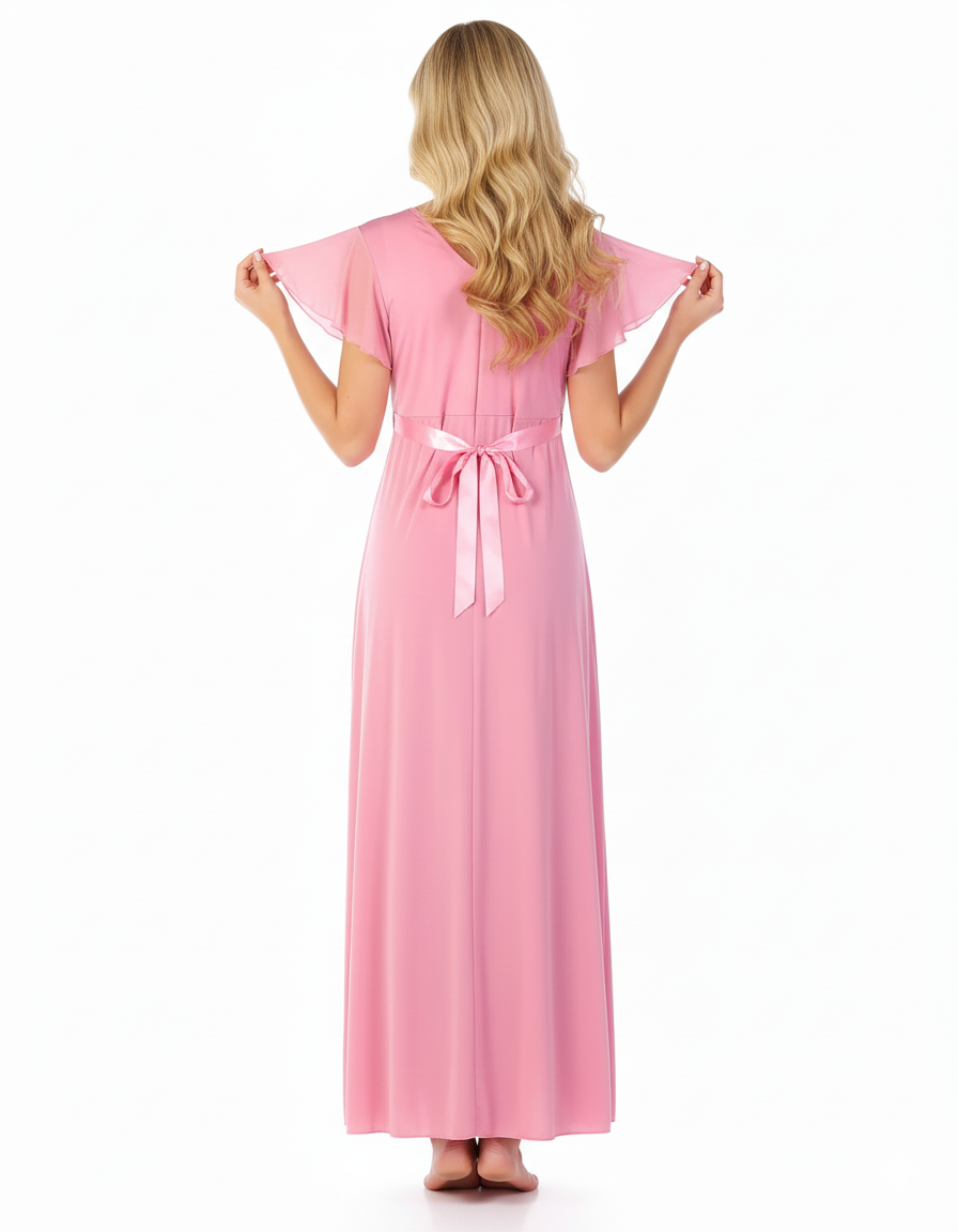 2 PIECE LACY NECK LONG NIGHTY -BABY PINK