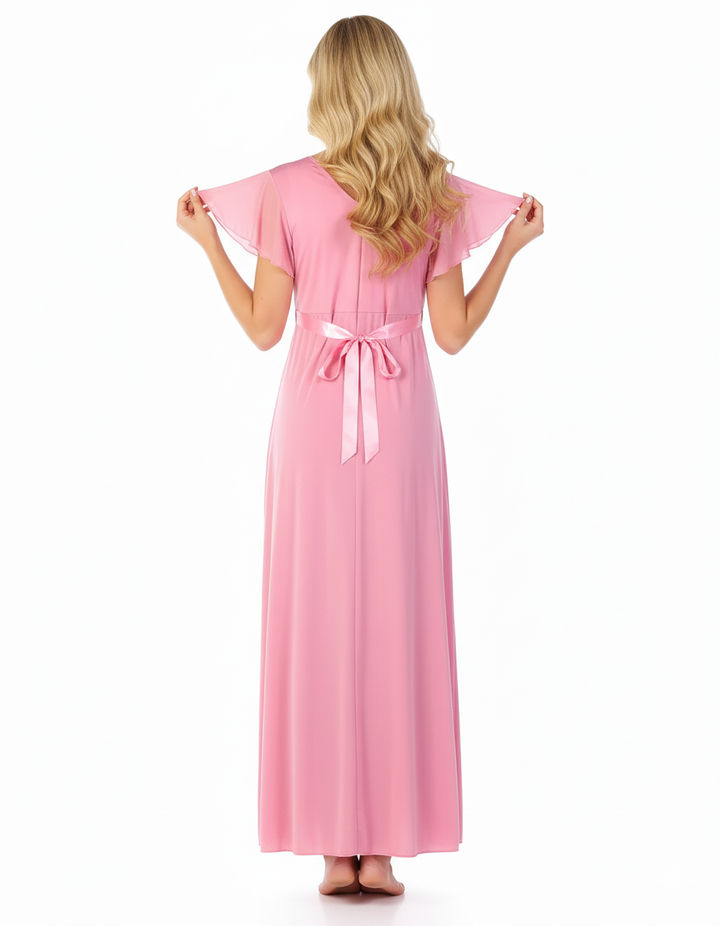 2 PIECE LACY NECK LONG NIGHTY -BABY PINK