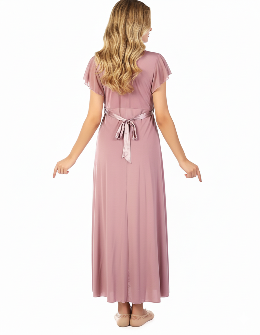 LOSHA 2 PIECE LACY NECK LONG NIGHTY -BEIGE