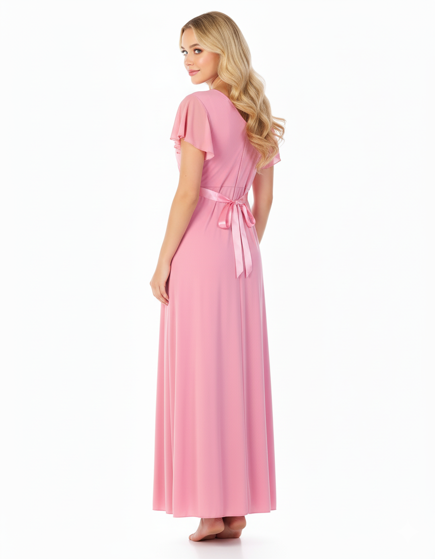 2 PIECE LACY NECK LONG NIGHTY -BABY PINK