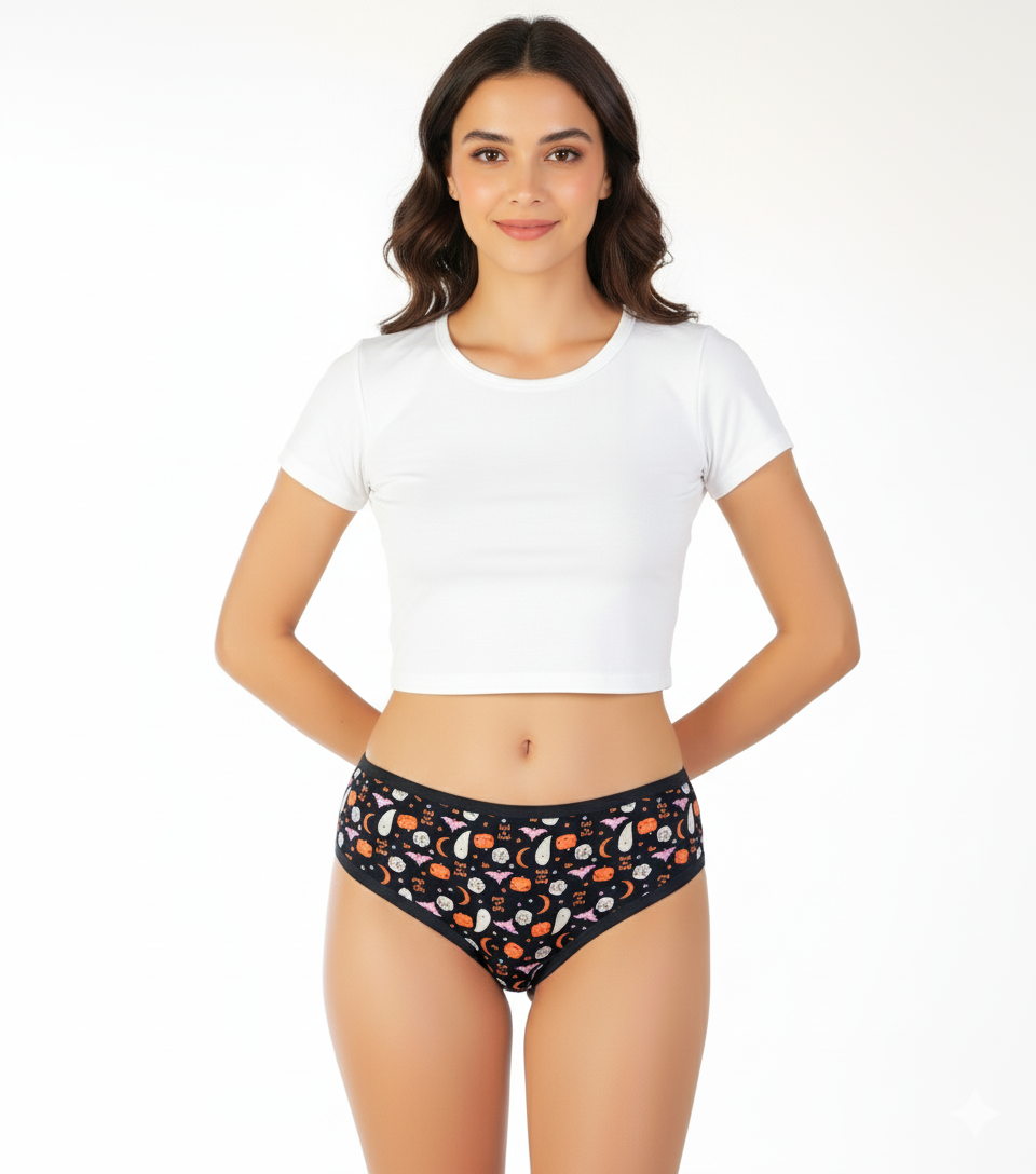 PACK OF 5 SUPER SOFT COTTON STRETCH PRINTED BIKINI BRIEFS -PUMPKIN
