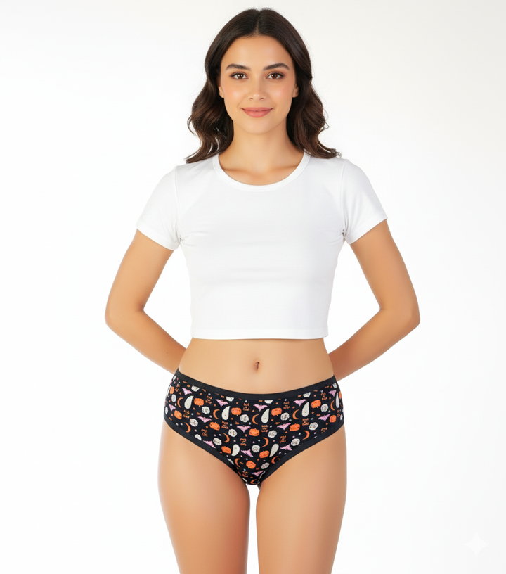 PACK OF 5 SUPER SOFT COTTON STRETCH PRINTED BIKINI BRIEFS -PUMPKIN