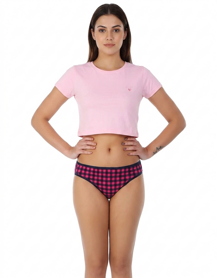 LOSHA SUPER SOFT COTTON STRETCH PRINTED BIKINI BRIEF -CHECK PRINT