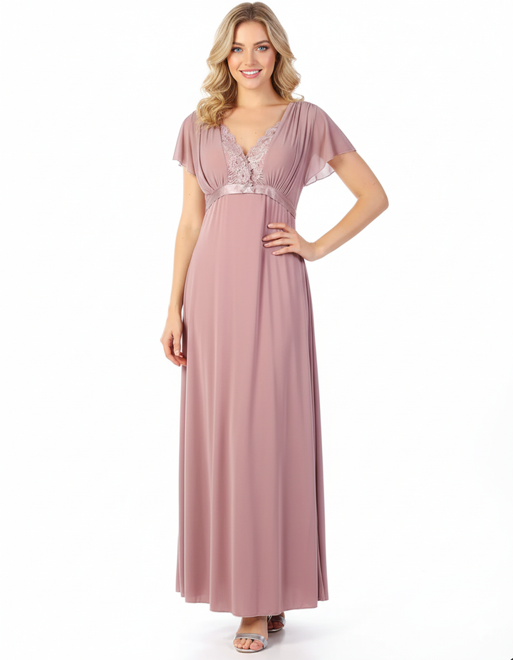 LOSHA 2 PIECE LACY NECK LONG NIGHTY -BEIGE