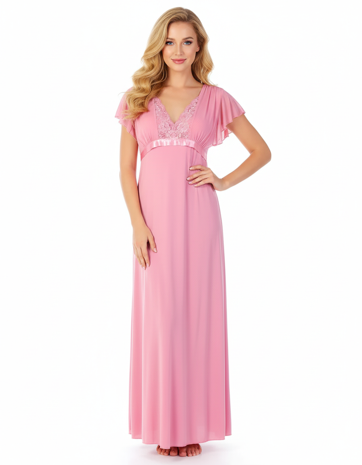 2 PIECE LACY NECK LONG NIGHTY -BABY PINK