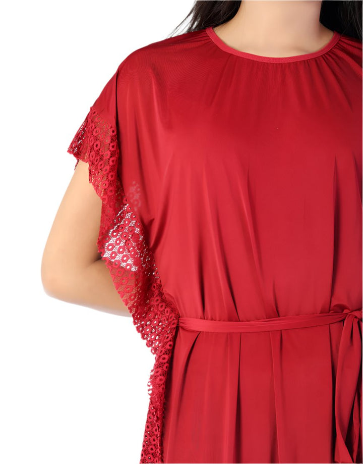 2 PIECE ROUND NECK SIDE LACE LONG NIGHTY -MAROON
