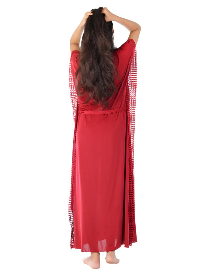 2 PIECE ROUND NECK SIDE LACE LONG NIGHTY -MAROON