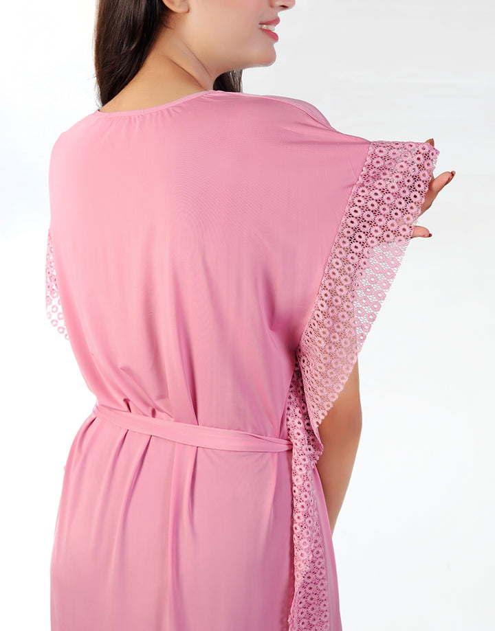 LOSHA 2 PIECE ROUND NECK SIDE LACE LONG NIGHTY -PINK