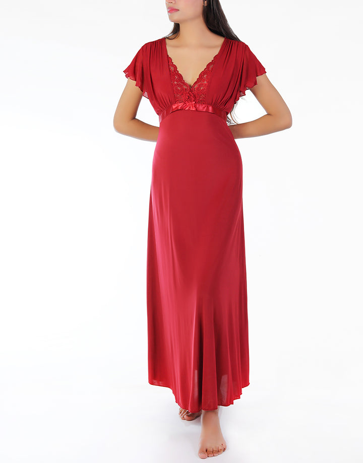LOSHA 2 PIECE LACY NECK LONG NIGHTY -MAROON