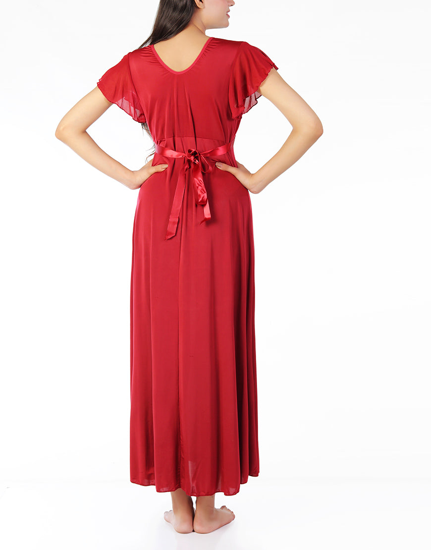 LOSHA 2 PIECE LACY NECK LONG NIGHTY -MAROON