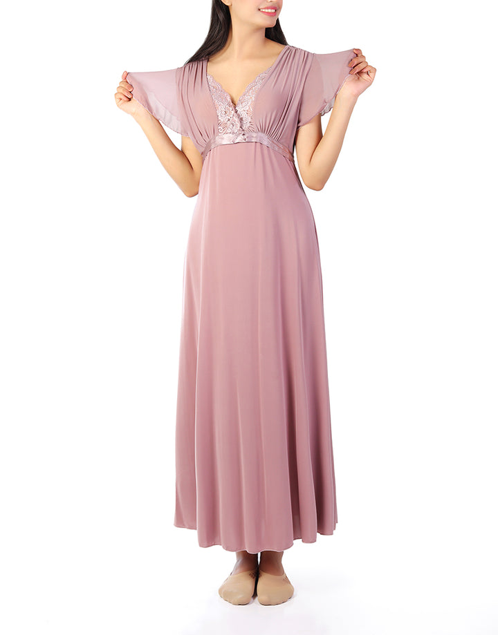 LOSHA 2 PIECE LACY NECK LONG NIGHTY -BEIGE