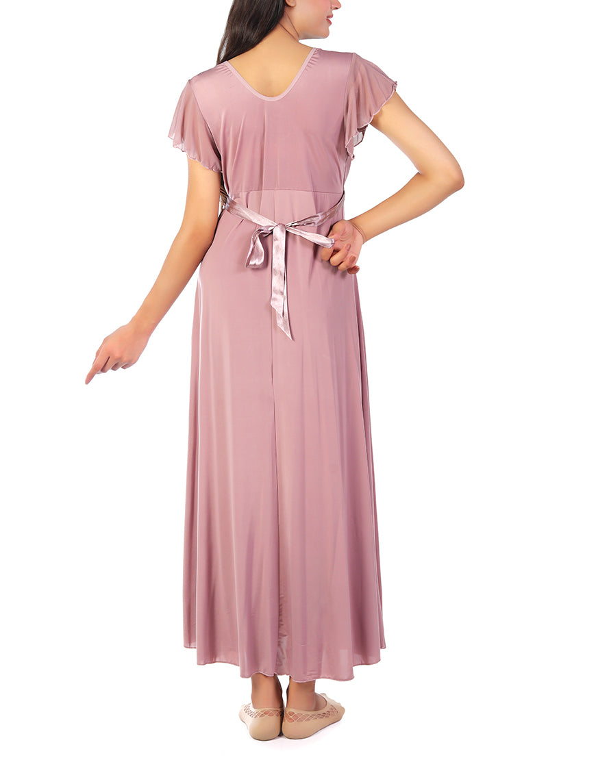 LOSHA 2 PIECE LACY NECK LONG NIGHTY -BEIGE