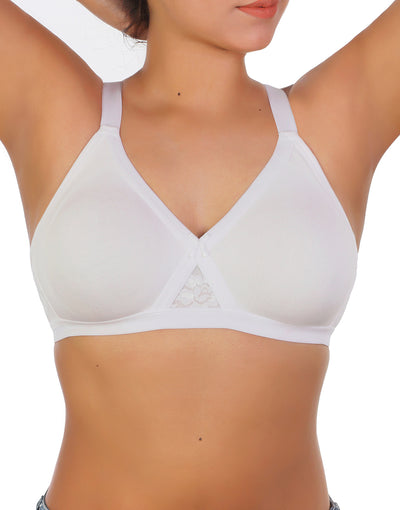 Losha Wirefree Super Support Cotton bra With Touch Of Lace -White