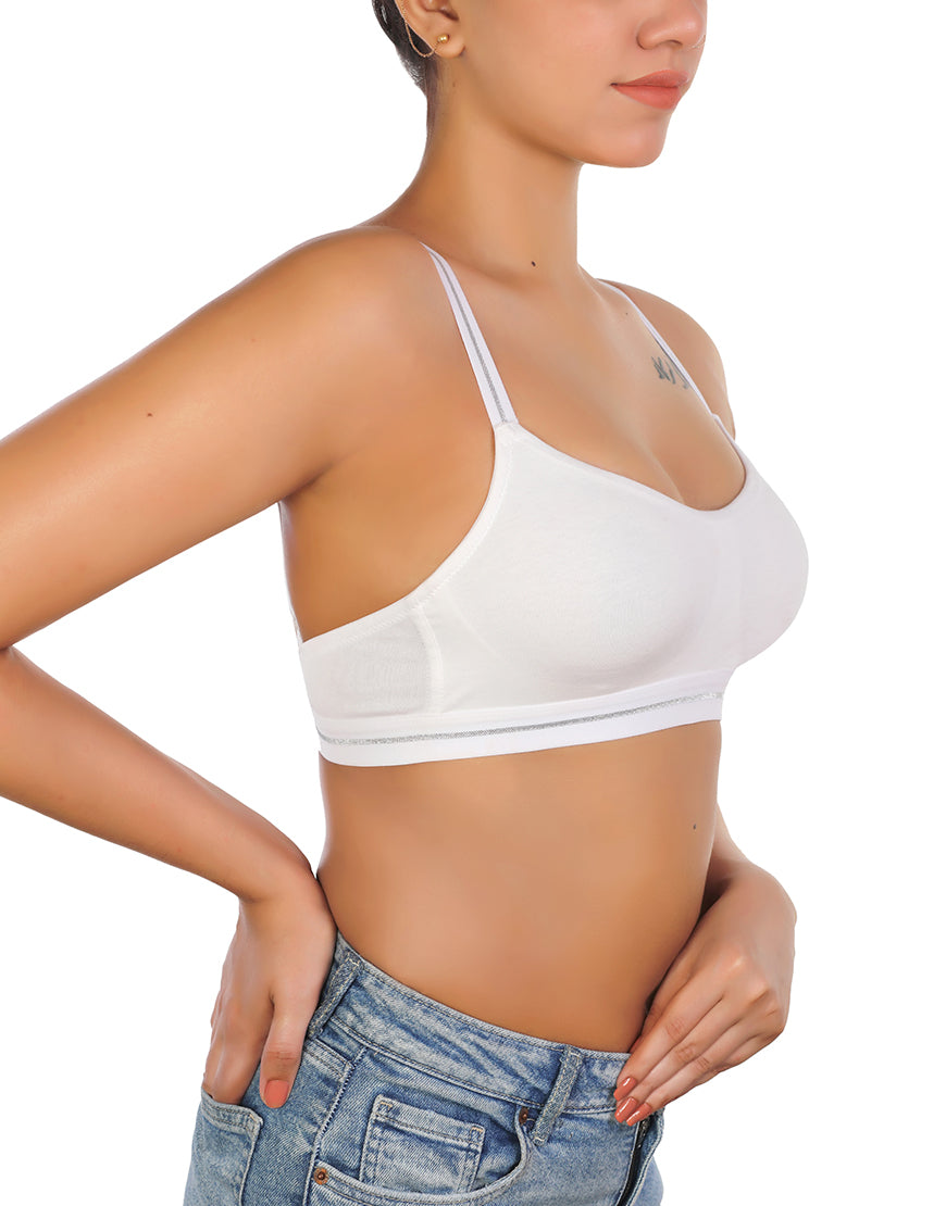 LOSHA DOUBLE LAYERED COTTON WIREFREE BRA WITH GLITTER ELASTIC WAIST BAND -WHITE