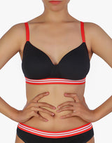 LIGHTLY PADDED NON WIRED TSHIRT BRA WITH STRIPED ELASTIC WAIST BAND-BLACK