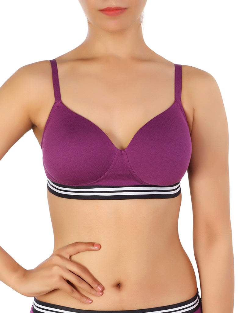 losha lightly padded non wired tshirt bra with striped elastic waist band- purple