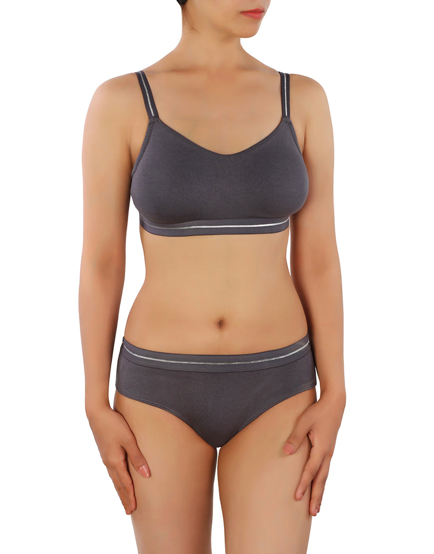 LOSHA DOUBLE LAYERED COTTON WIREFREE BRA WITH GLITTER ELASTIC WAIST BAND -GREY