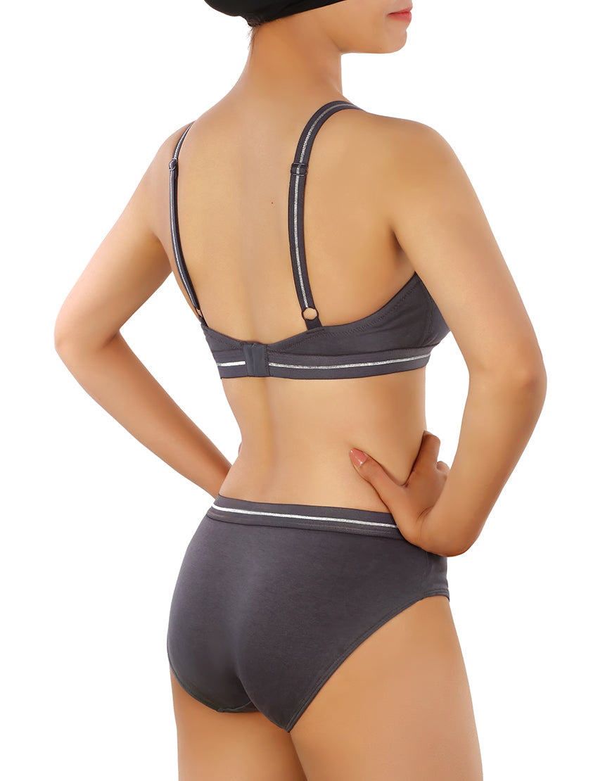 LOSHA DOUBLE LAYERED COTTON WIREFREE BRA WITH GLITTER ELASTIC WAIST BAND -GREY