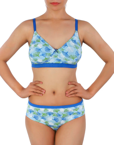 LOSHA DOUBLE LAYERED COTTON WIREFREE BRA  WITH FLORAL PRINT-BLUE