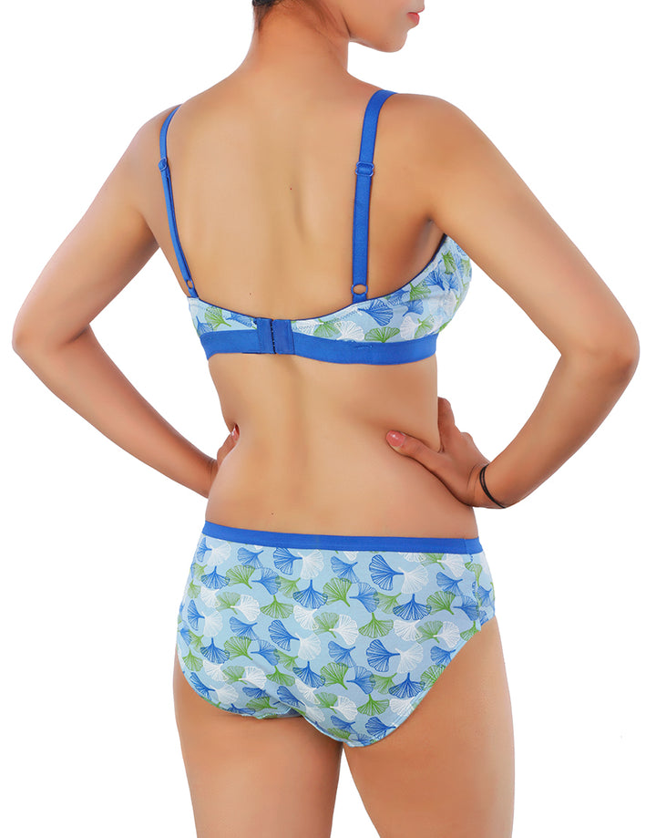DOUBLE LAYERED COTTON WIREFREE BRA WITH MATCHING PANTY-BLUE