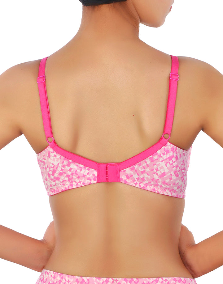 DOUBLE LAYERED FULL COVERAGE COTTON WIREFREE BRA WITH DIAMOND GEOMETRIC-PINK PRINT