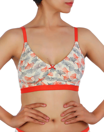 LOSHA DOUBLE LAYERED COTTON WIREFREE BRA  WITH FLORAL PRINT-ORANGE