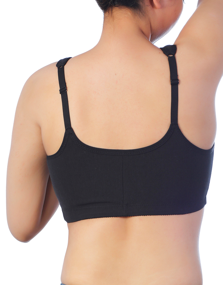 COTTON FRONT CLOSURE POST SURGICAL BRA WITH POCKETS-BLACK