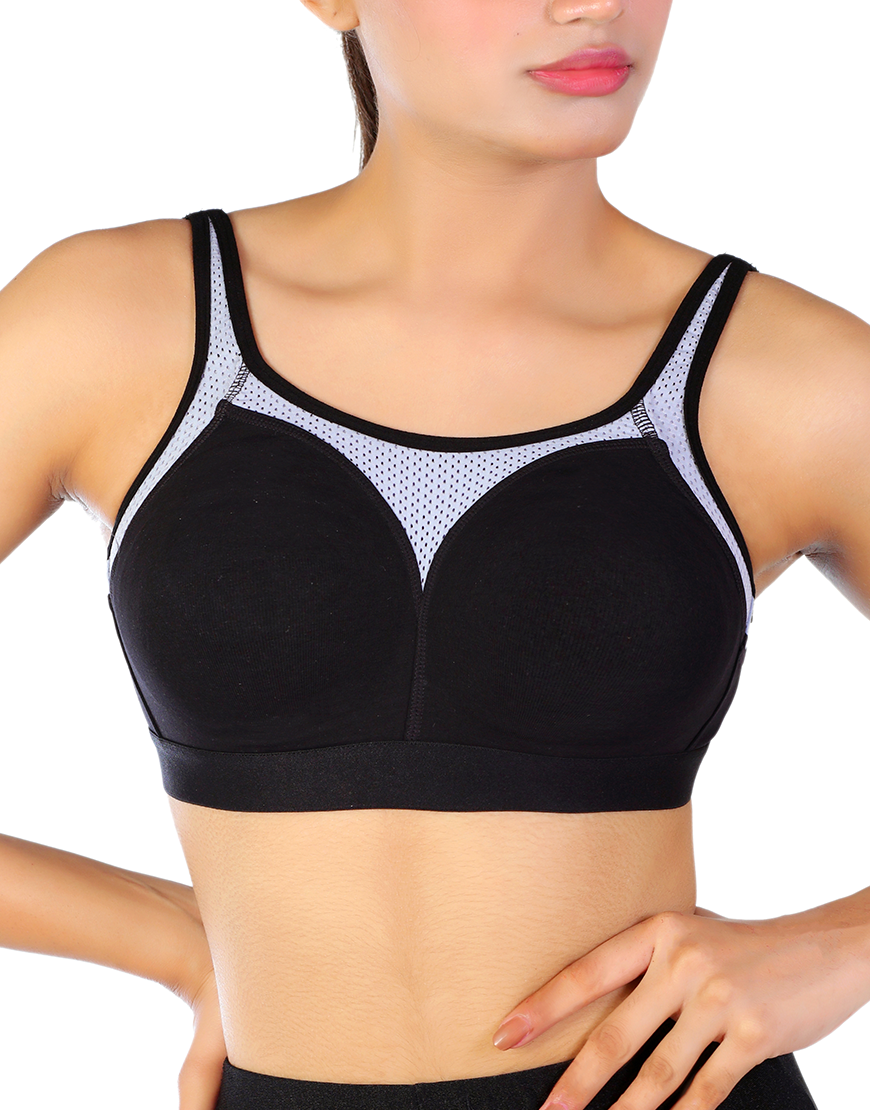 Losha cotton double layered medium to high impact sports bra-Black