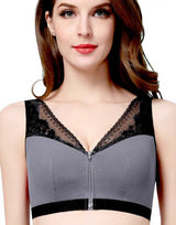 RIBBED FABRIC FRONT ZIPPER POST SURGICAL BRA WITH POCKETS-GREY