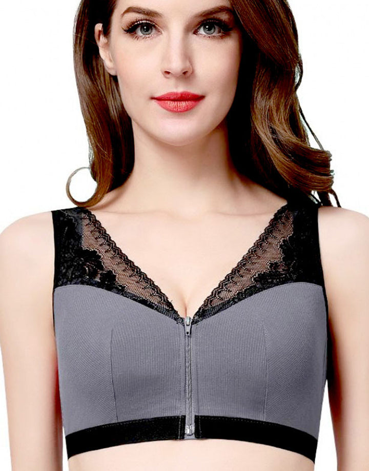 RIBBED FABRIC FRONT ZIPPER POST SURGICAL BRA WITH POCKETS-GREY