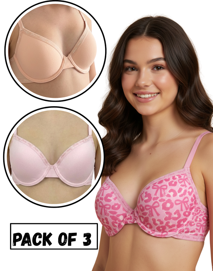 LOSHA GIRL PACK OF 3 COTTON WIRED LIGHTLY PADDED BRAS-VPINK/SKIN/BPINK/WHITE