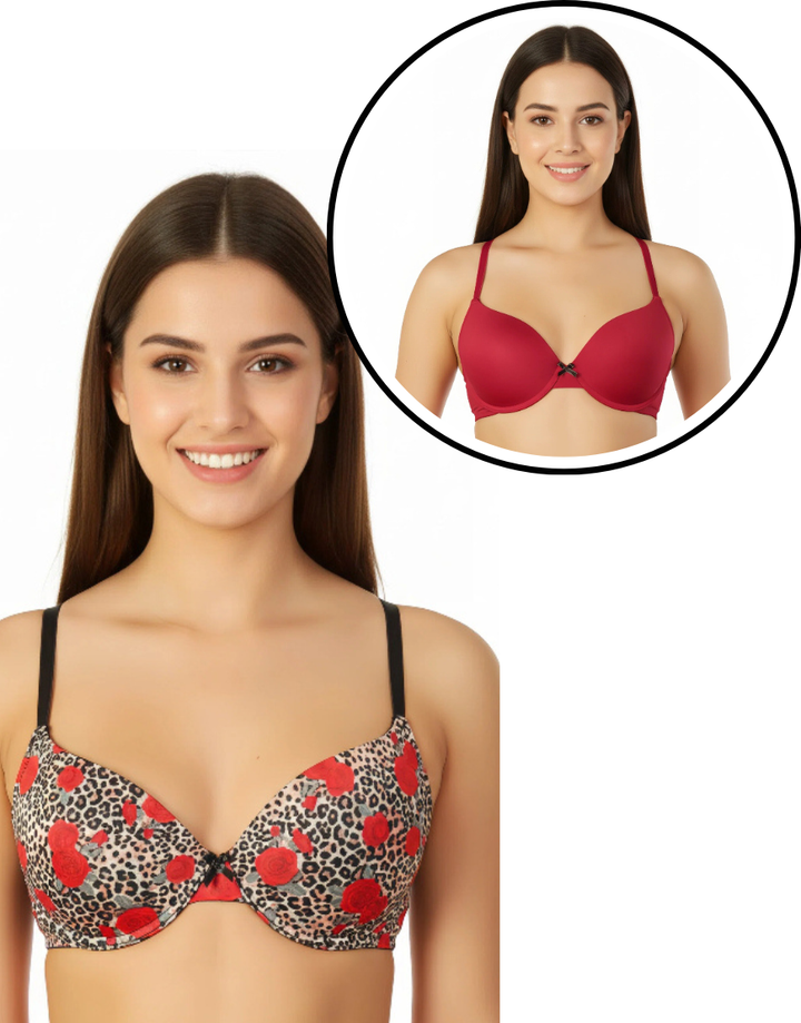Pack of 2 Wired Pushup T-Shirt Bras with J Hook-Black/Savvy Red