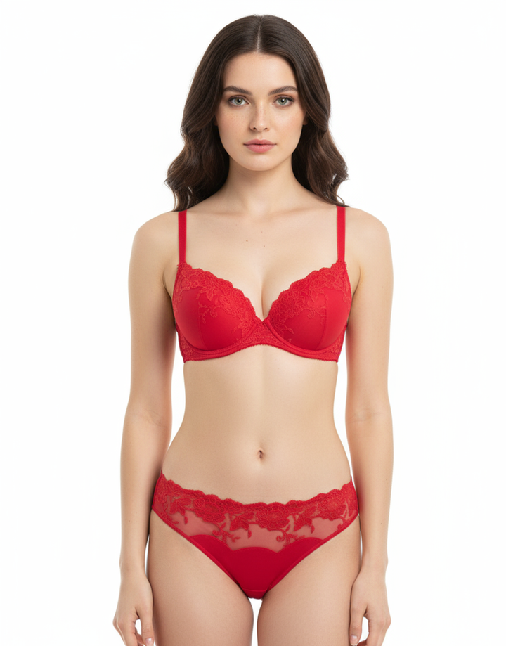 LIGHTLY PADDED WIRED FANCY BRA WITH MATCHING PANTY-RED