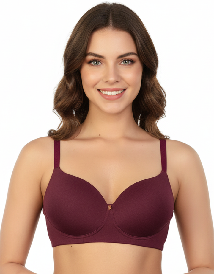 SIDE SMOOTHING BIO WASHED ANTI BACTERIAL COTTON WIRELESS T-SHIRT BRA-MAROON