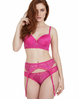 LACE & MESH PUSH-UP BRA WITH GARTER BELT & THONG-FESTIVAL FUSCIA