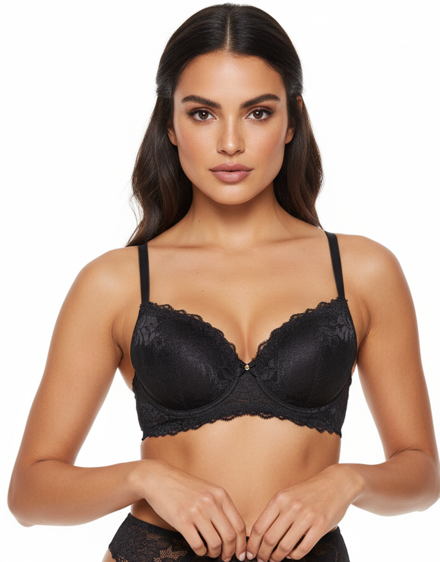 LACE & MESH PUSH-UP BRA WITH GARTER BELT & THONG-BLACK