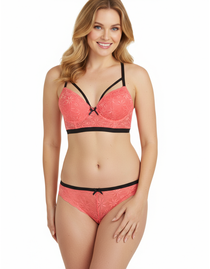 ALL OVER LACE LONGLINE CAGE CUP PUSH UP BRA SET-TEA ROSE