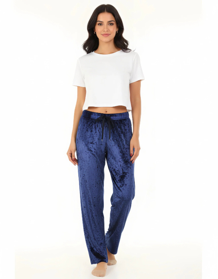 TAHARI CRUSHED VELVET WIDE LEG PAJAMA PANTS-BLUE
