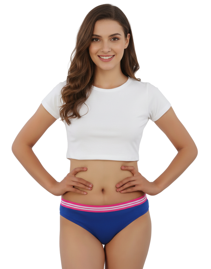 COTTON LOW WAIST BIKNI BREIF WITH STRIPED ELASTIC WAIST BAND-BLUE