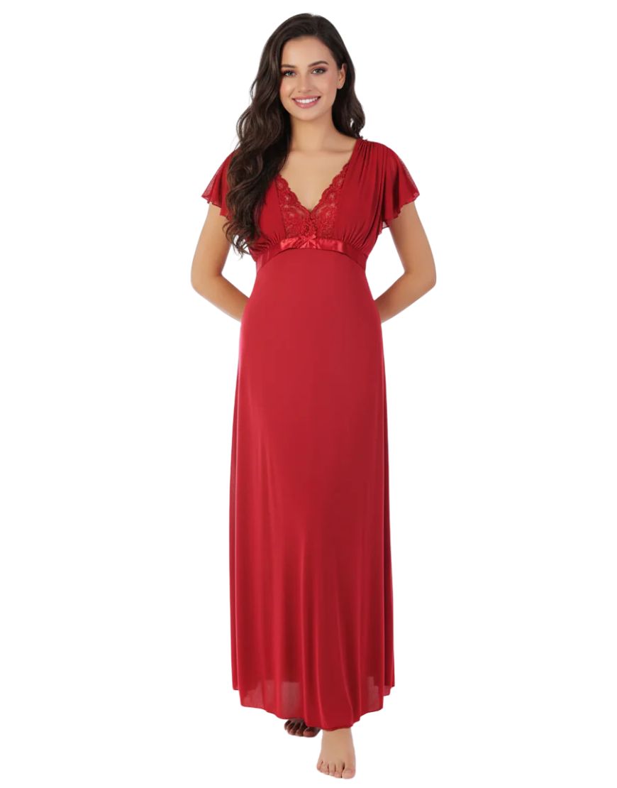 LOSHA 2 PIECE LACY NECK LONG NIGHTY -MAROON