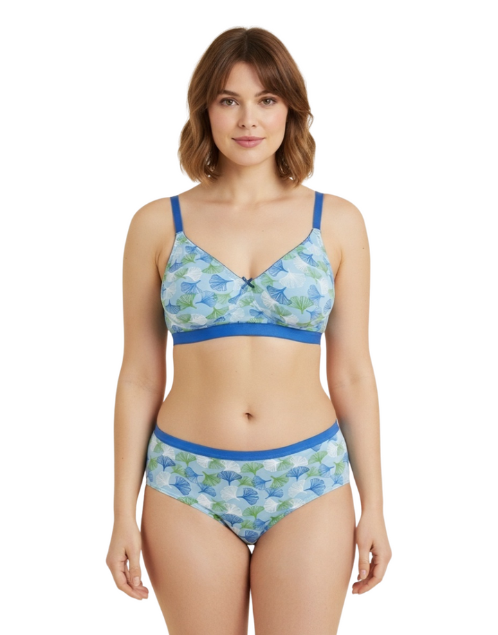 DOUBLE LAYERED COTTON WIREFREE BRA WITH MATCHING PANTY-BLUE
