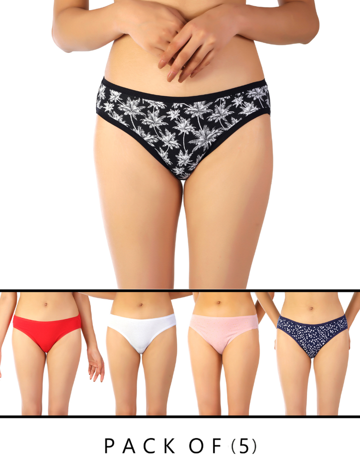 PACK OF 5 SUPER SOFT COTTON STRETCH PRINTED BIKINI BRIEFS -PALM